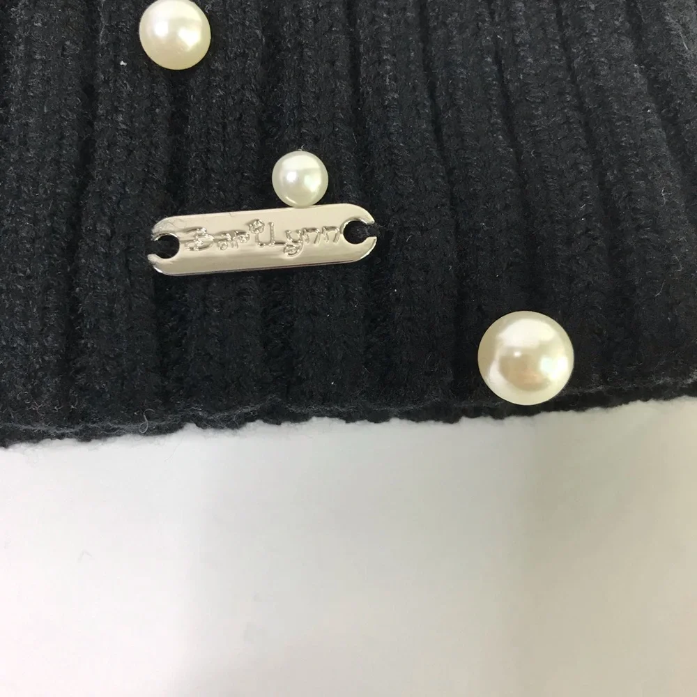 BARI LYNN Black Knit Beanie NEW Knit Hat With Faux Pearls